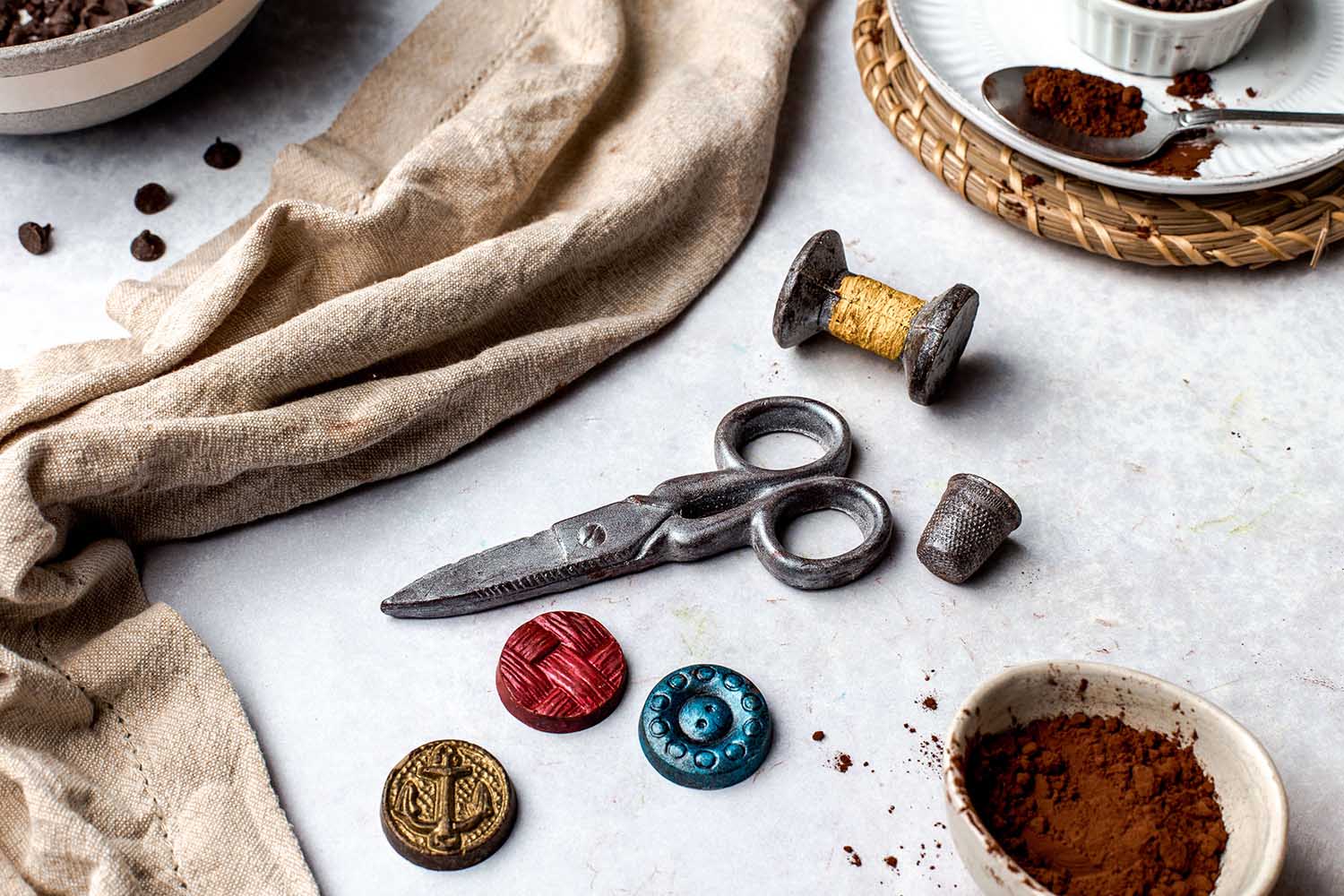 Scissors, Cotton Reel, Buttons & Thimble Detail